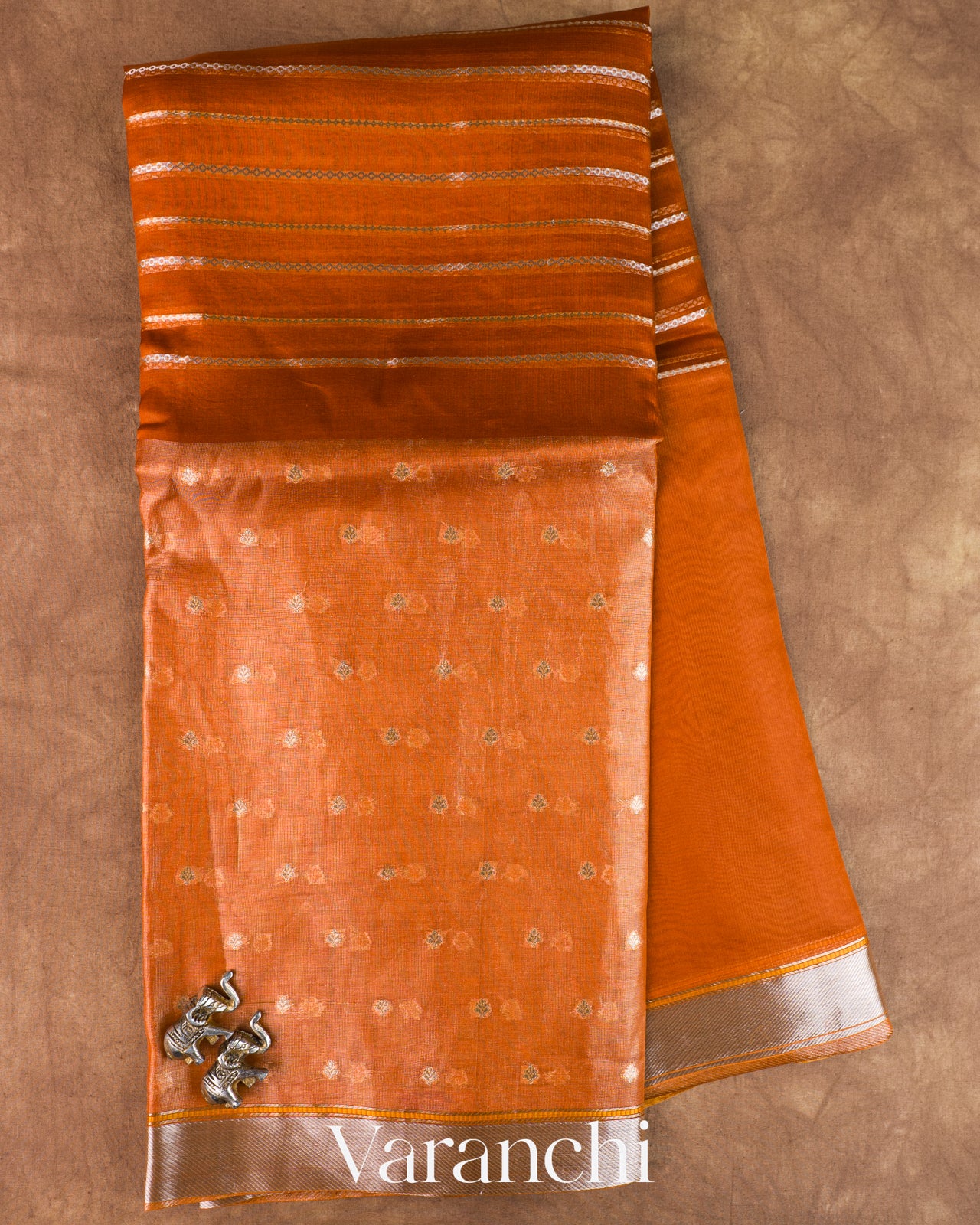 Burnt Orange Tissue Pure Kora Silk Saree