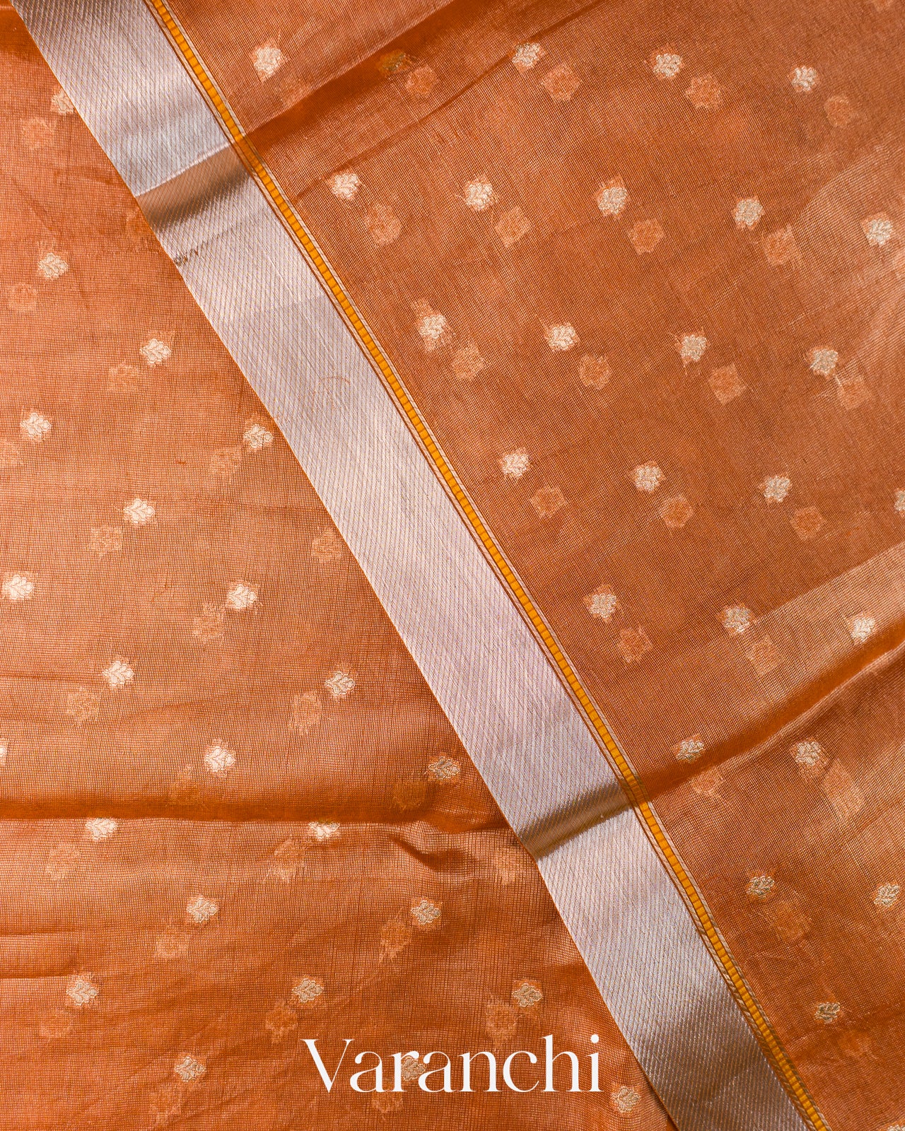 Burnt Orange Tissue Pure Kora Silk Saree
