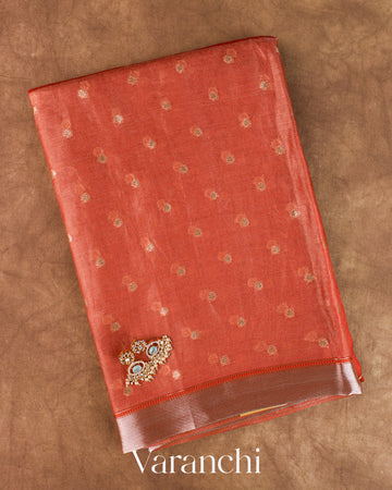 Burnt Red Tissue Pure Kora Silk Saree