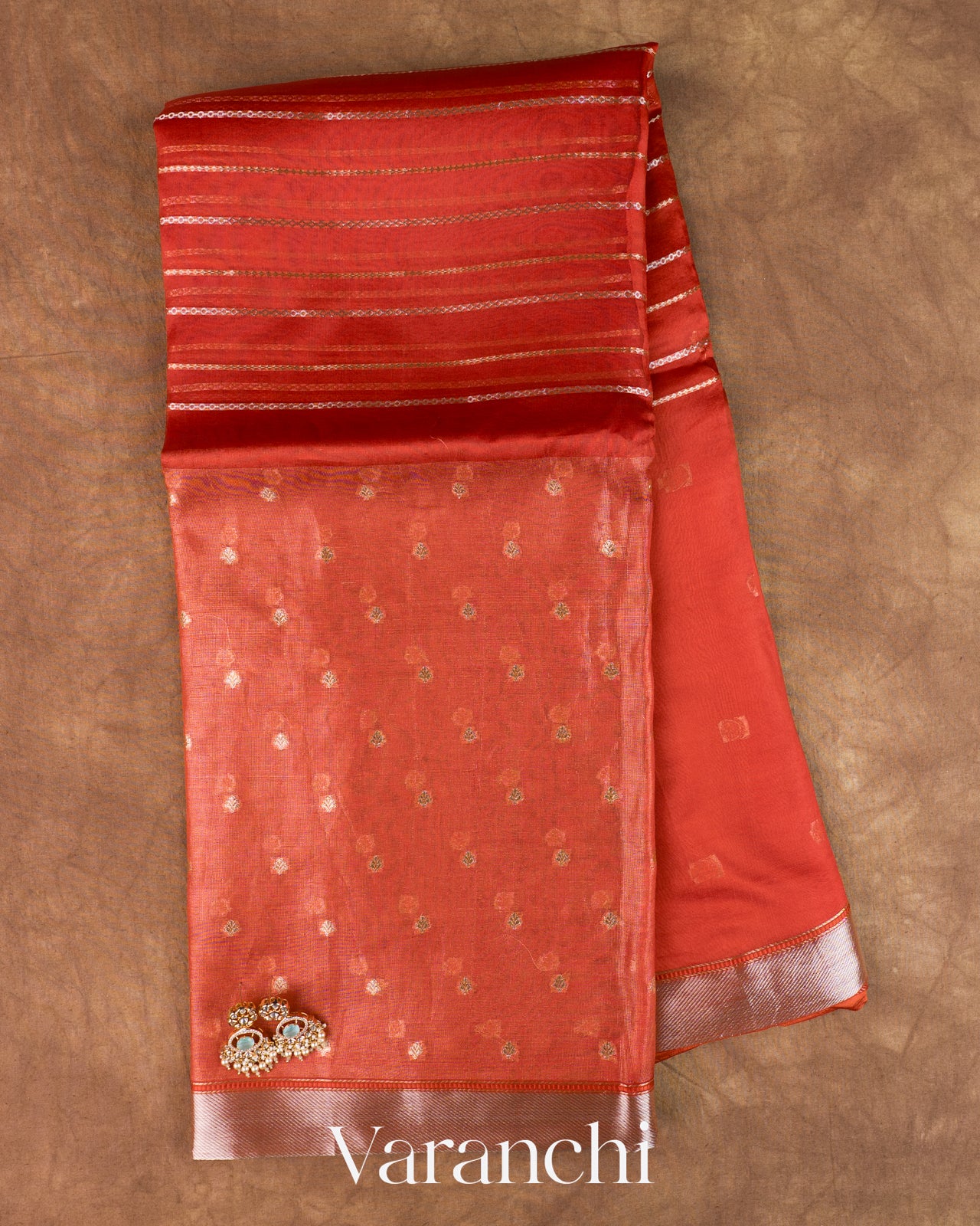 Burnt Red Tissue Pure Kora Silk Saree