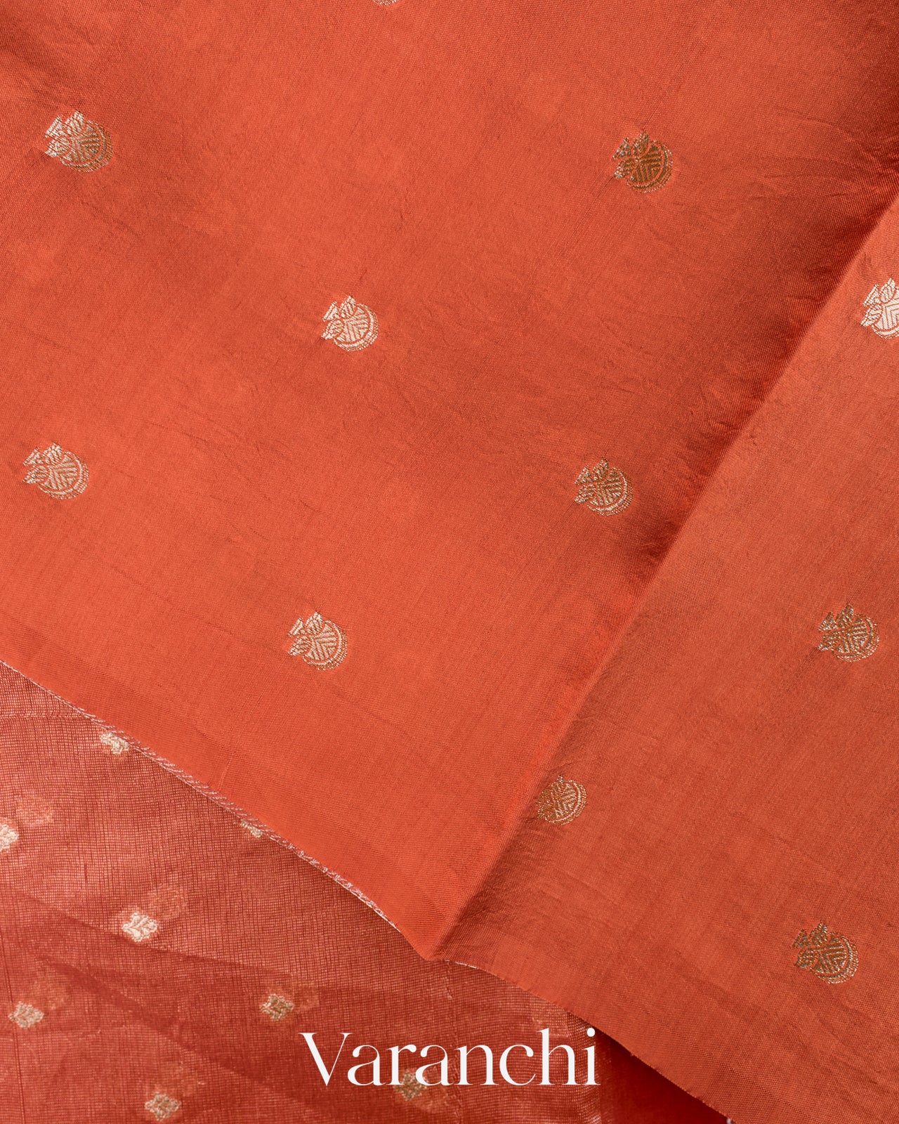 Burnt Red Tissue Pure Kora Silk Saree
