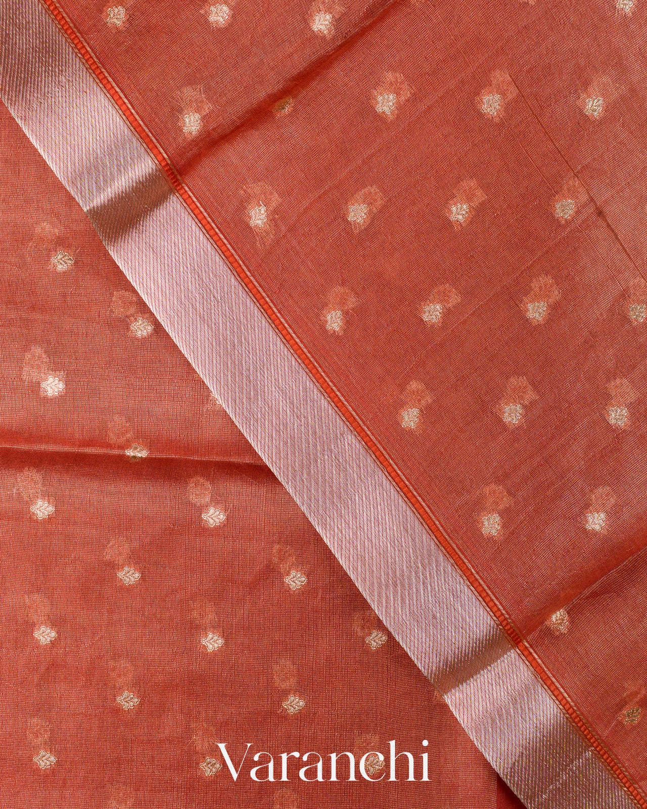 Burnt Red Tissue Pure Kora Silk Saree