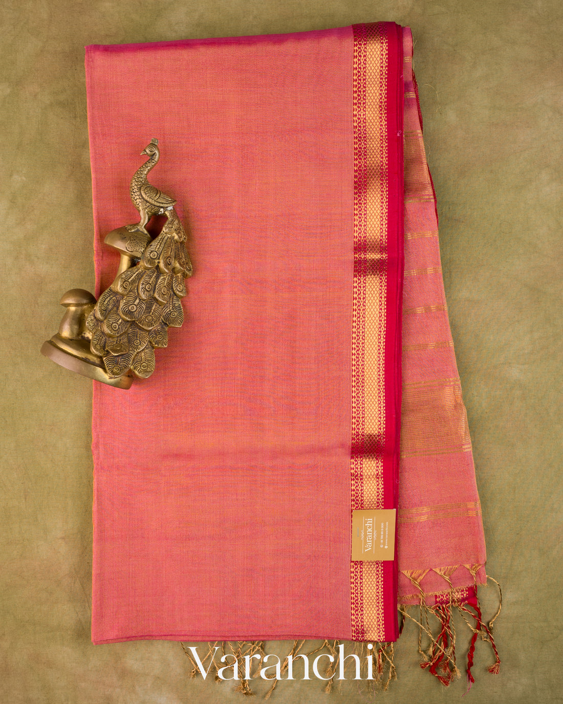 Coral Pink Pure Maheshwari Silk Cotton Tissue Handloom Saree
