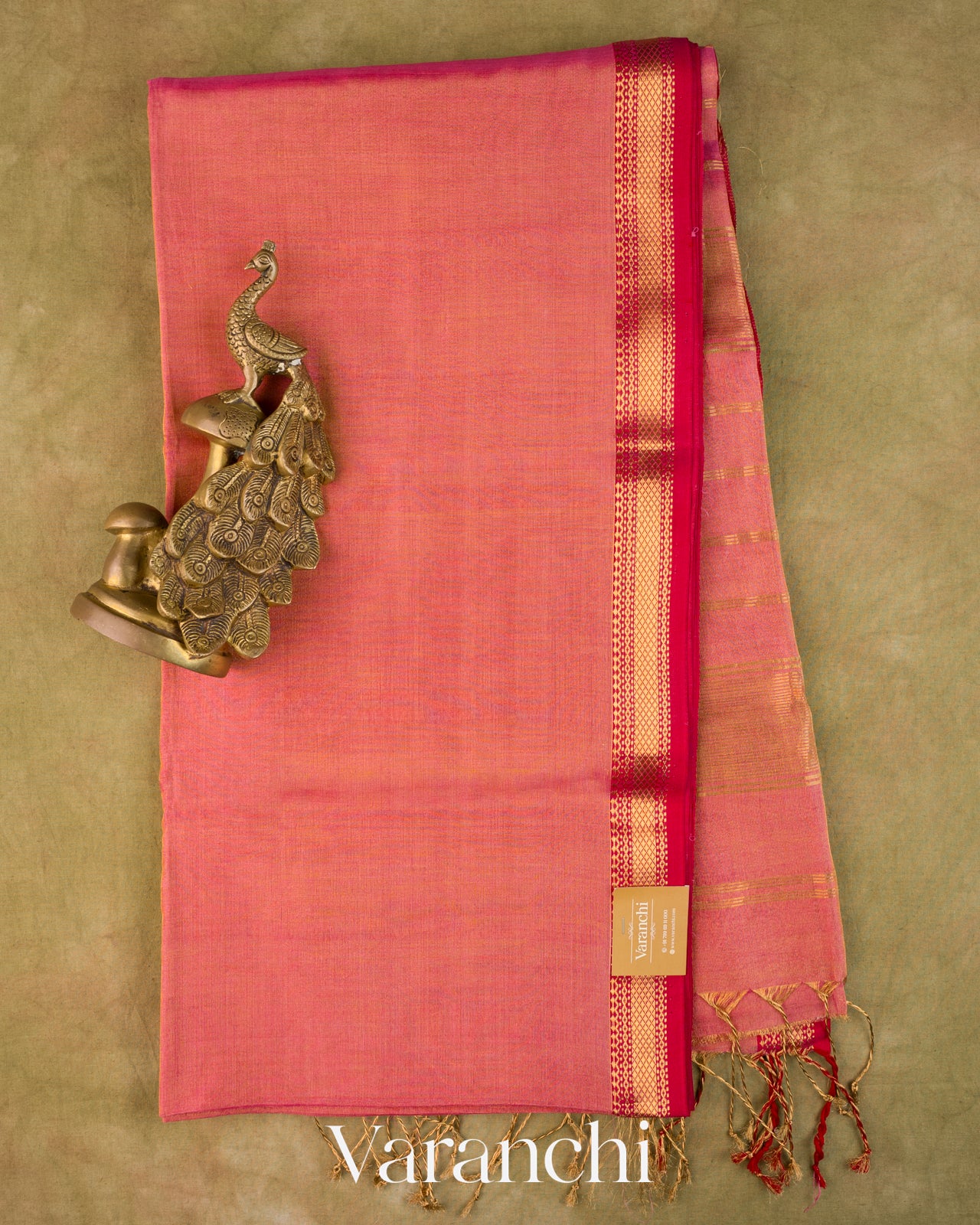 Coral Pink Pure Maheshwari Silk Cotton Tissue Handloom Saree