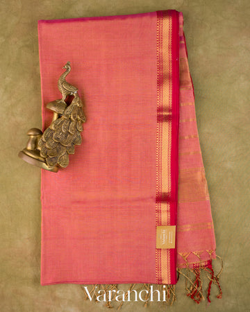 Coral Pink Pure Maheshwari Silk Cotton Tissue Handloom Saree
