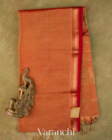 Rust Orange Pure Maheshwari Silk Cotton Tissue Handloom Saree