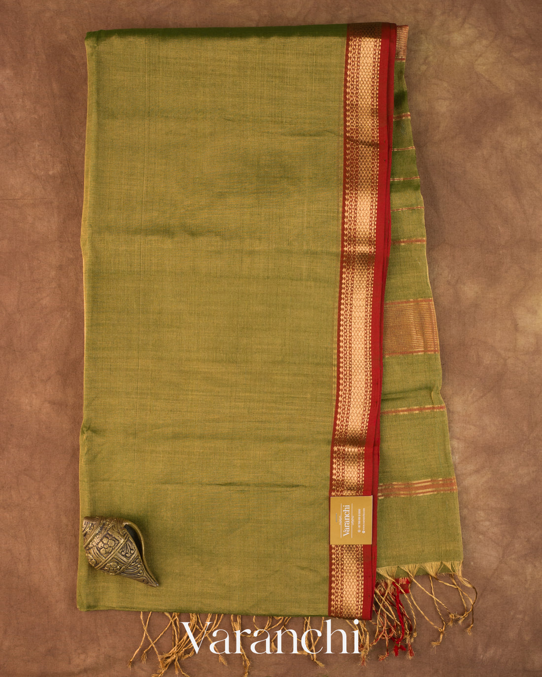 Olive Green Pure Maheshwari Silk Cotton Tissue Handloom Saree