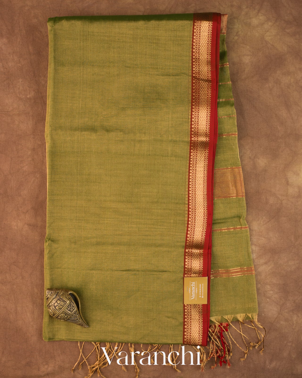 Olive Green Pure Maheshwari Silk Cotton Tissue Handloom Saree