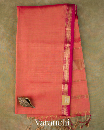 Coral Pink Pure Maheshwari Silk Cotton Tissue Handloom Saree