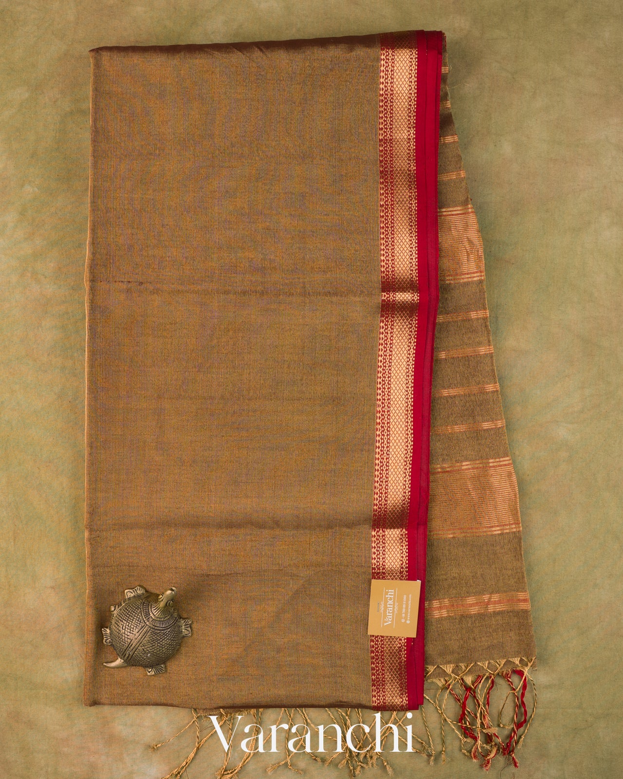 Golden Olive Pure Maheshwari Silk Cotton Tissue Handloom Saree