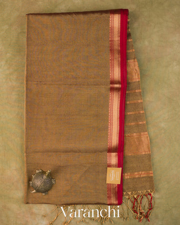 Golden Olive Pure Maheshwari Silk Cotton Tissue Handloom Saree