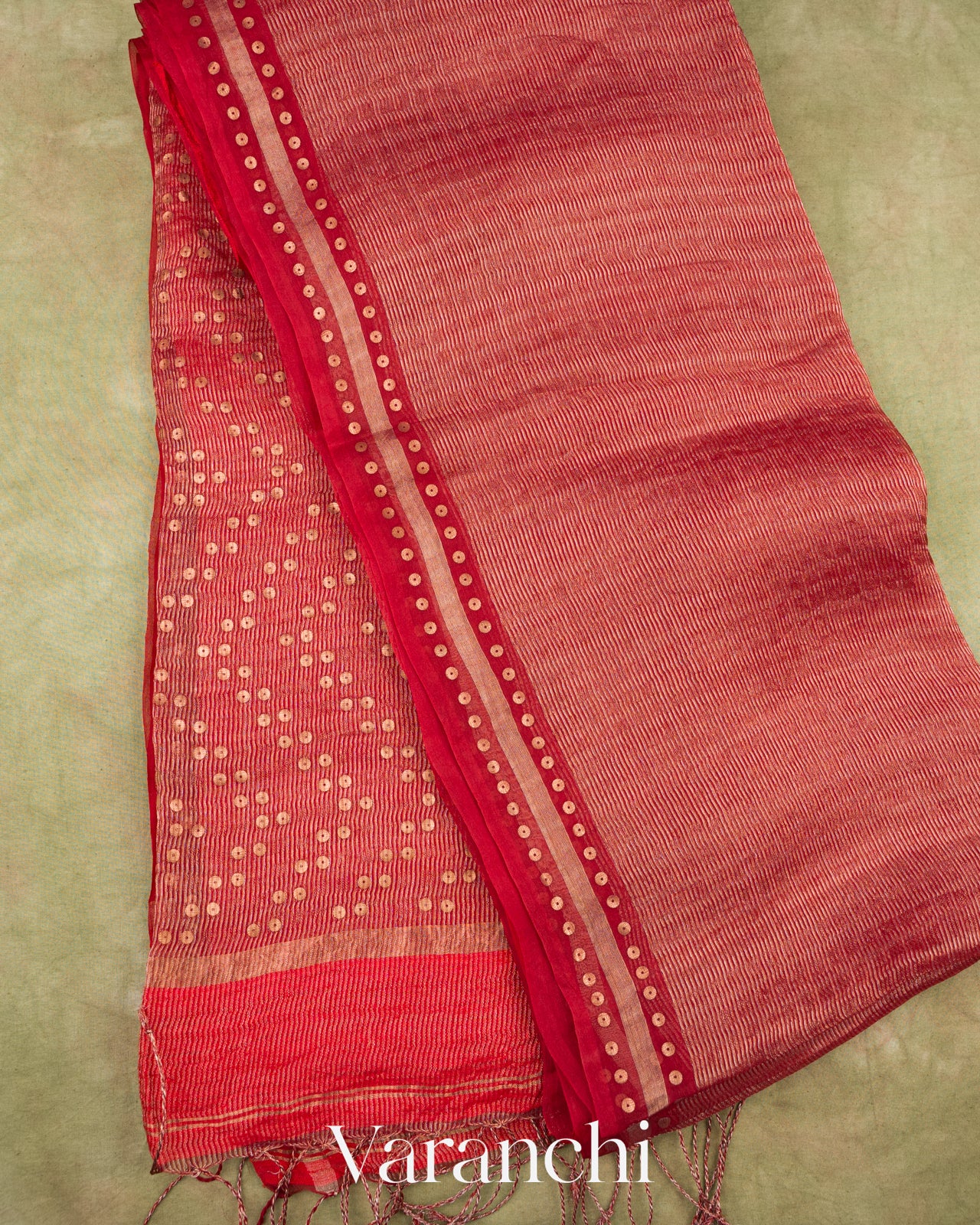 Crimson Red Sequin Embroidered Pure Muslin Silk Handloom Saree