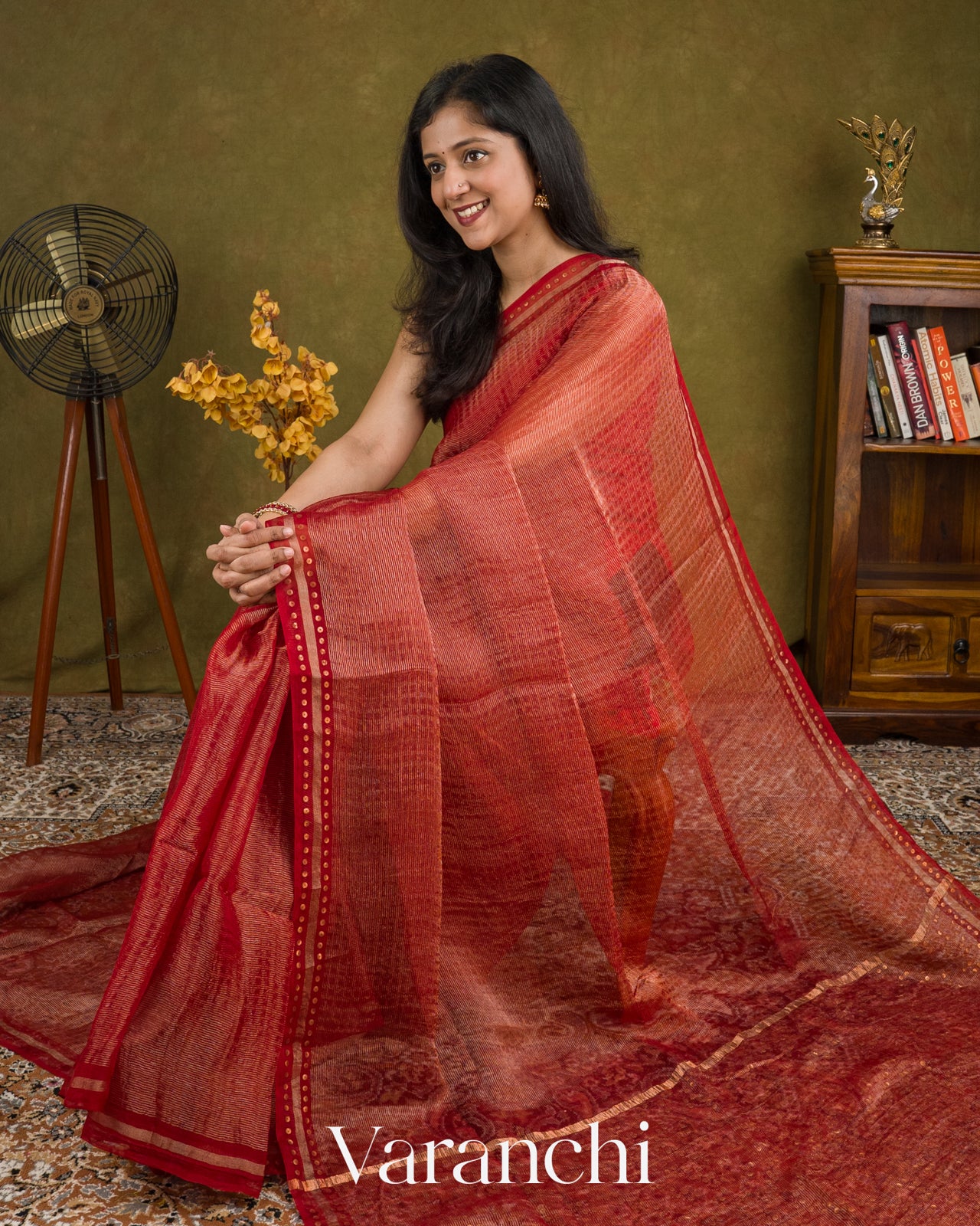 Crimson Red Sequin Embroidered Pure Muslin Silk Handloom Saree