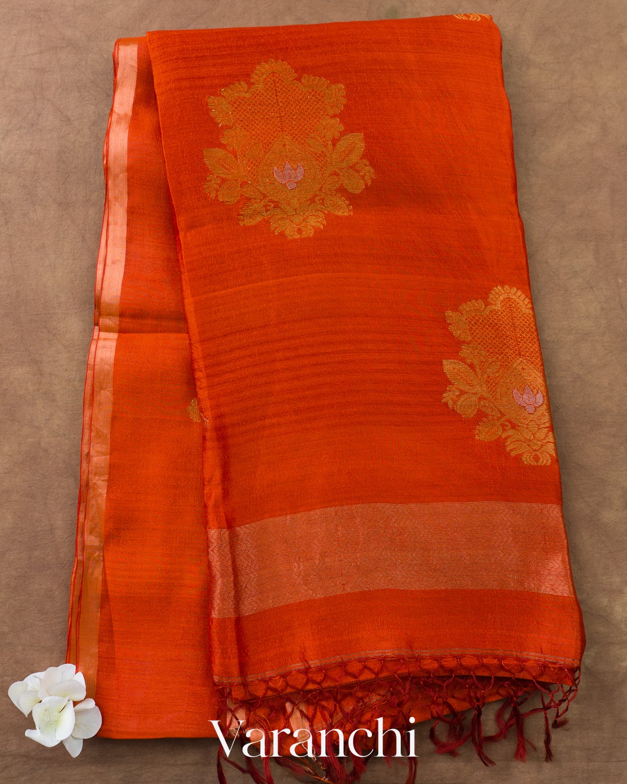 Bright Orange Jamdani Pure Mulberry Silk Handloom Saree