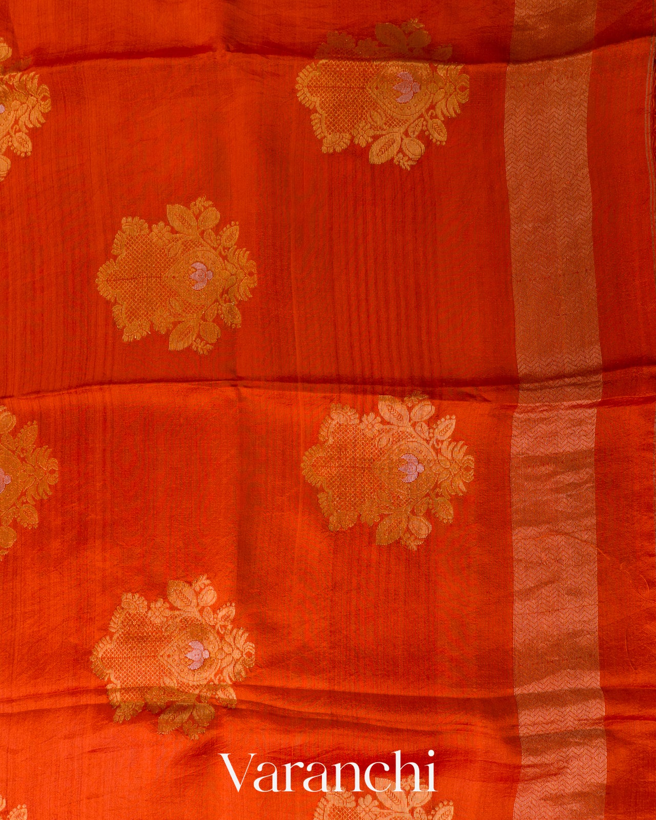 Bright Orange Jamdani Pure Mulberry Silk Handloom Saree