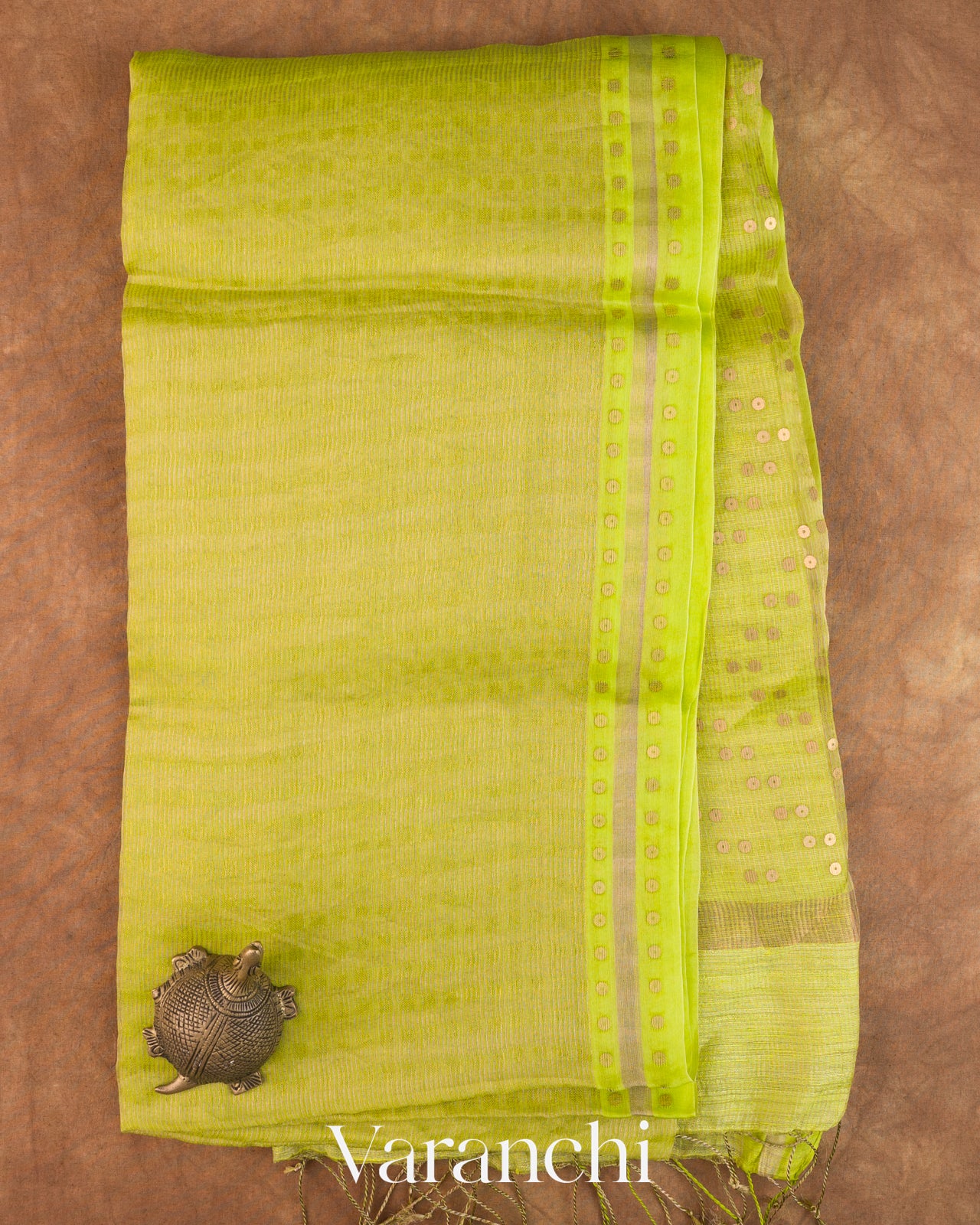 Lime Green with Sequin Embroidery Pure Muslin Silk Handloom Saree