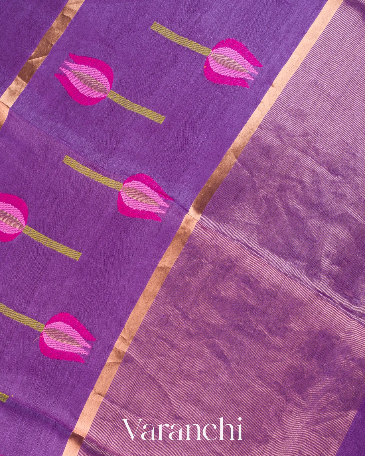 Violet Lotus Jamdani Pure Silk Linen Handloom Saree