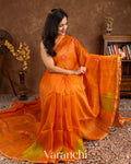 Bright Orange Jamdani Pure Silk Linen Handloom Saree