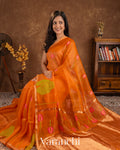 Bright Orange Jamdani Pure Silk Linen Handloom Saree