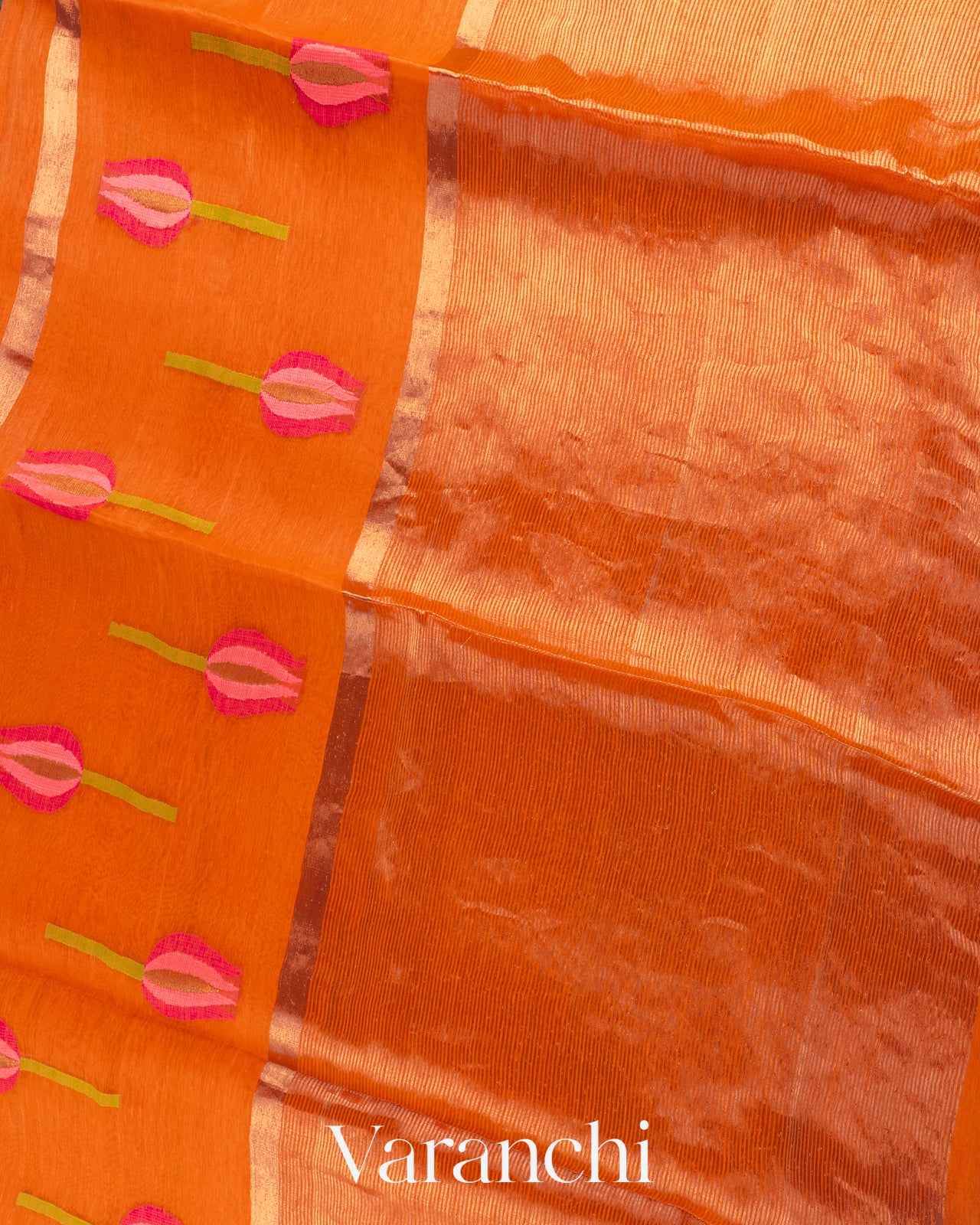 Bright Orange Jamdani Pure Silk Linen Handloom Saree
