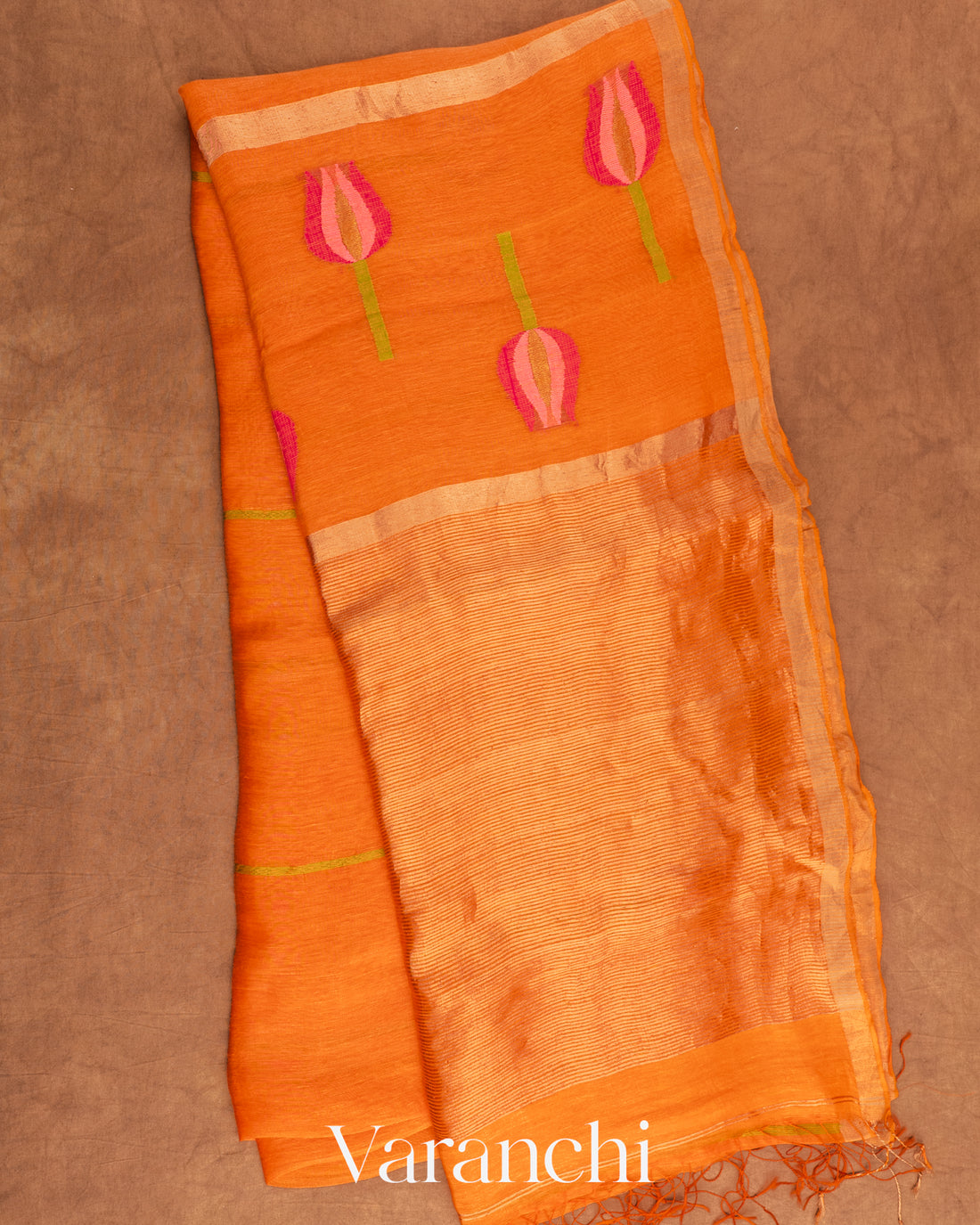 Bright Orange Jamdani Pure Silk Linen Handloom Saree