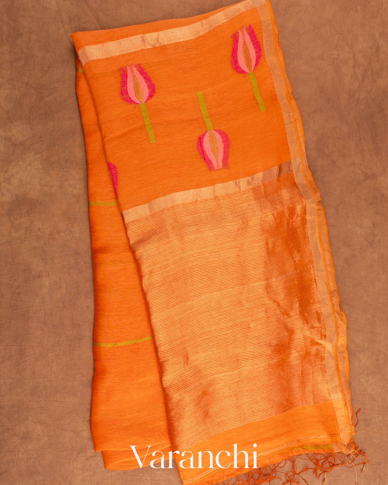 Bright Orange Jamdani Pure Silk Linen Handloom Saree
