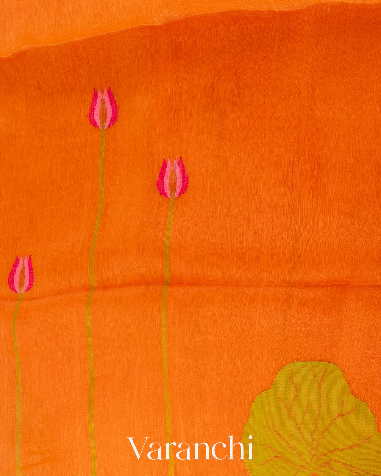 Bright Orange Jamdani Pure Silk Linen Handloom Saree