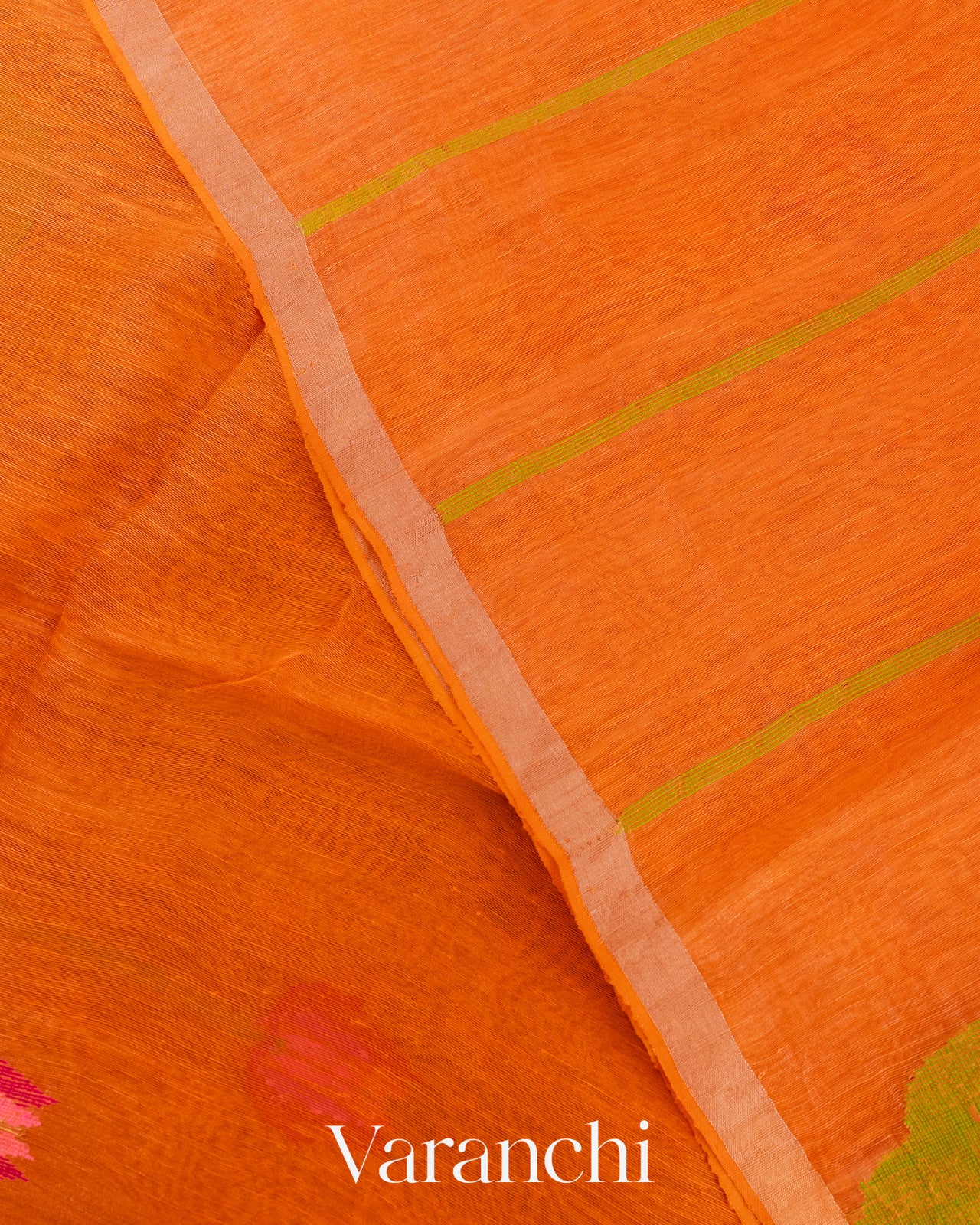 Bright Orange Jamdani Pure Silk Linen Handloom Saree