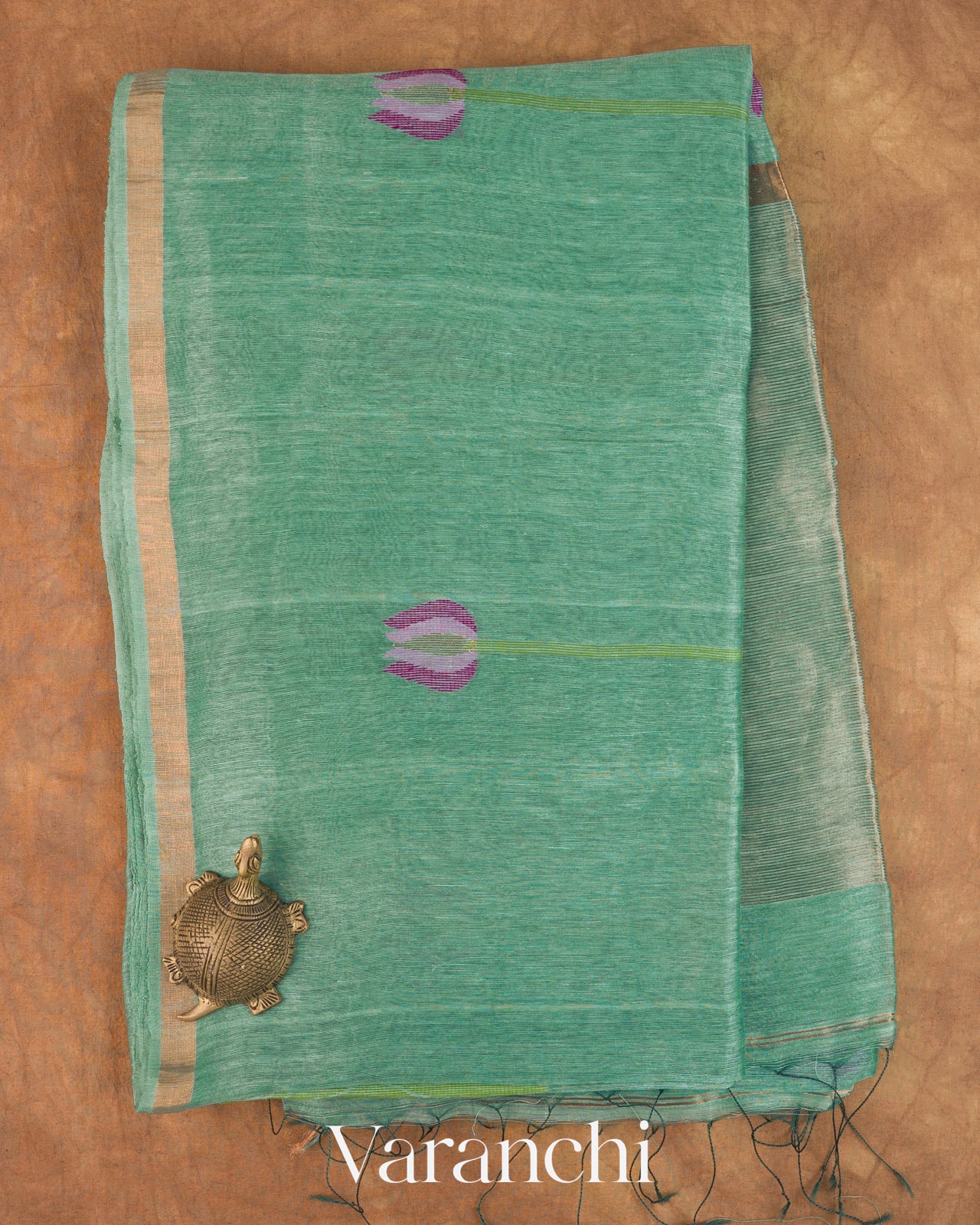 Sea Blue Lotus Jamdani Pure Silk Linen Handloom Saree