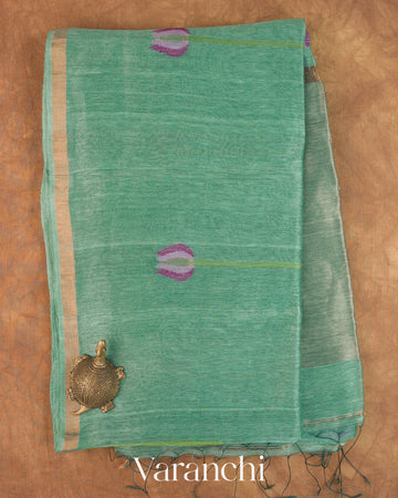 Sea Blue Lotus Jamdani Pure Silk Linen Handloom Saree