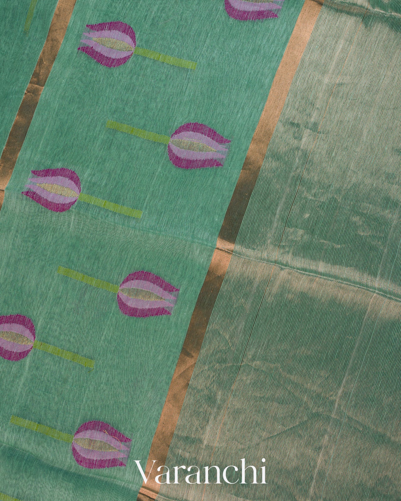 Sea Blue Lotus Jamdani Pure Silk Linen Handloom Saree