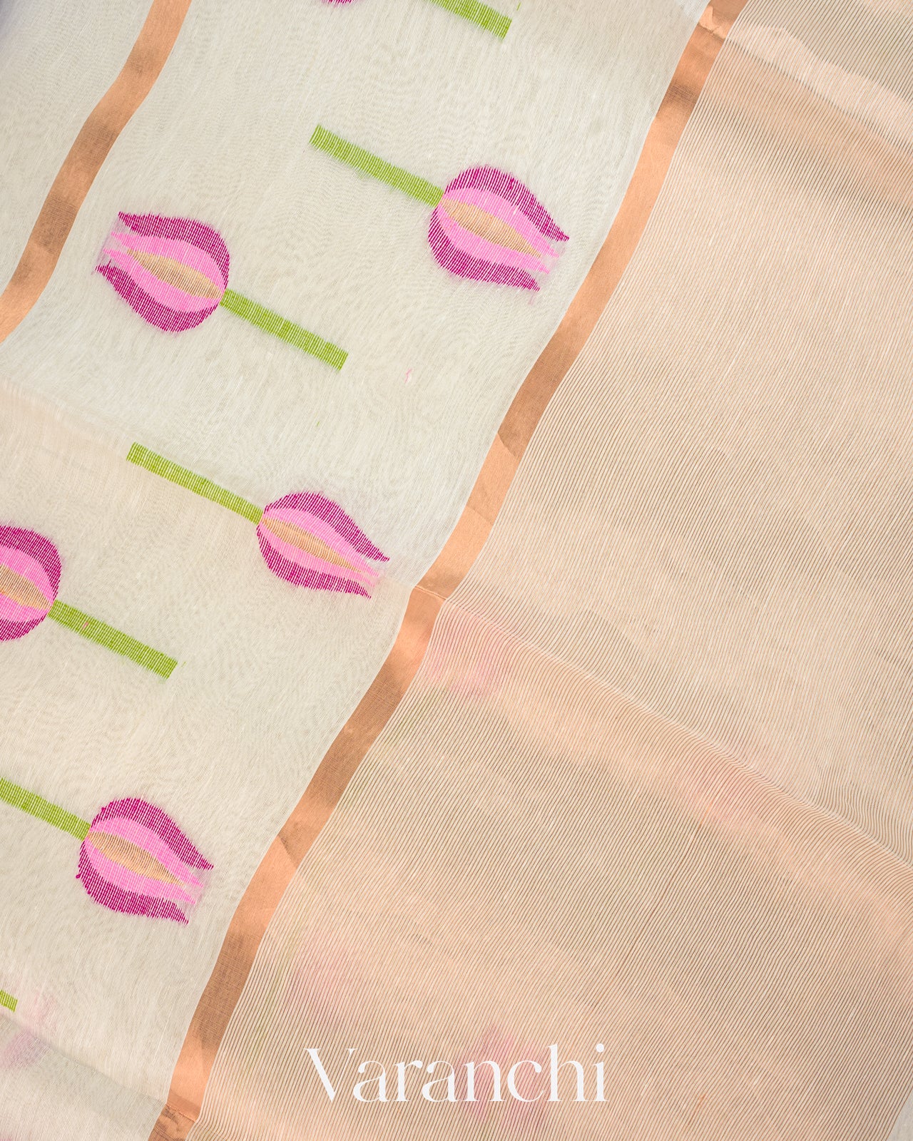 Off White Jamdani Pure Silk Linen Handloom Saree