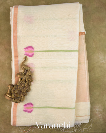 Off White Jamdani Pure Silk Linen Handloom Saree
