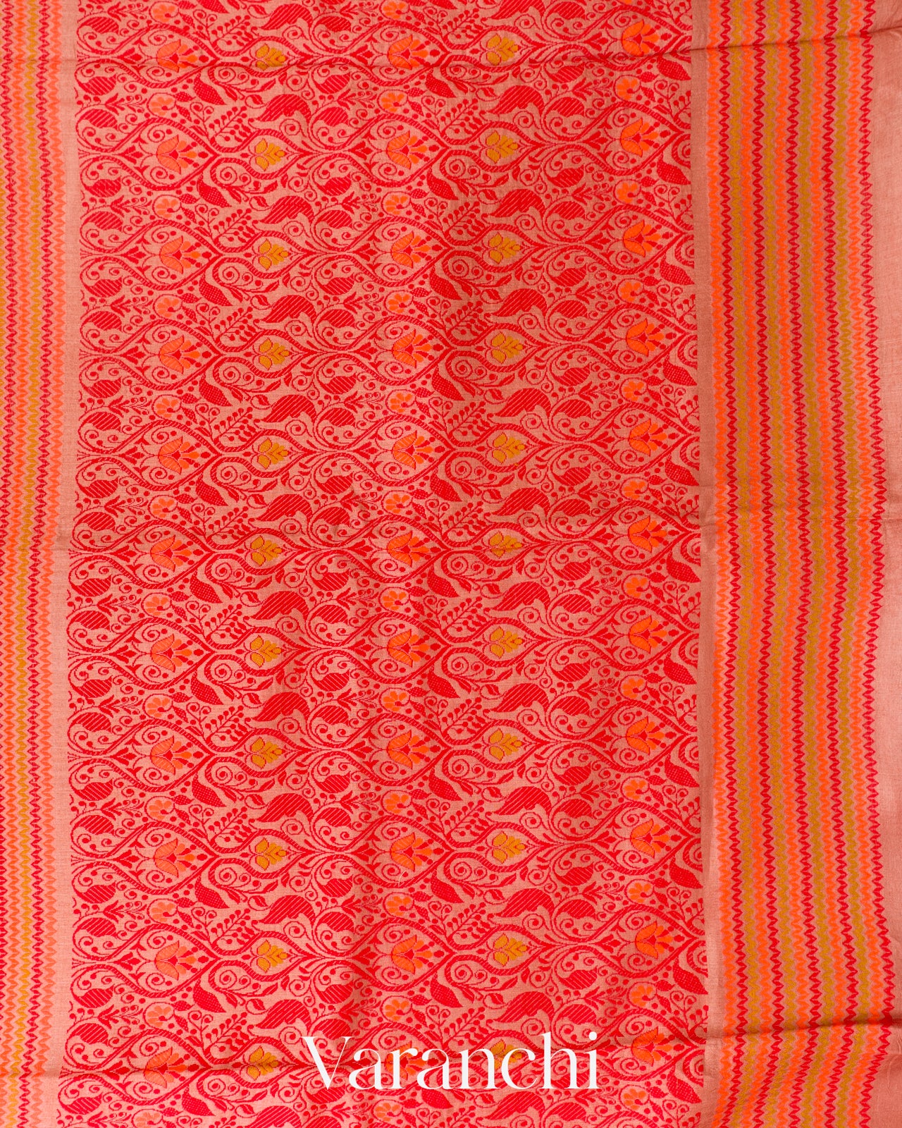 Coral Red Jamdani Pure Tussar Silk Handloom Saree