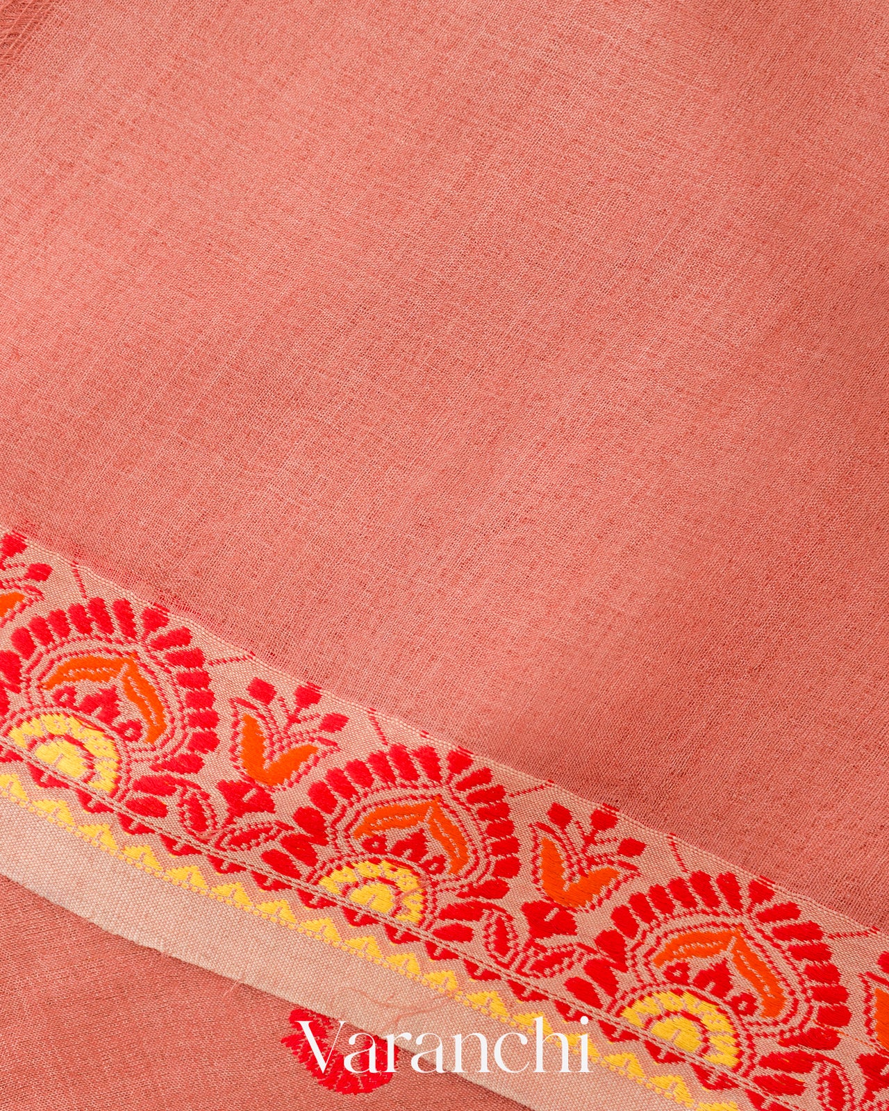 Coral Red Jamdani Pure Tussar Silk Handloom Saree