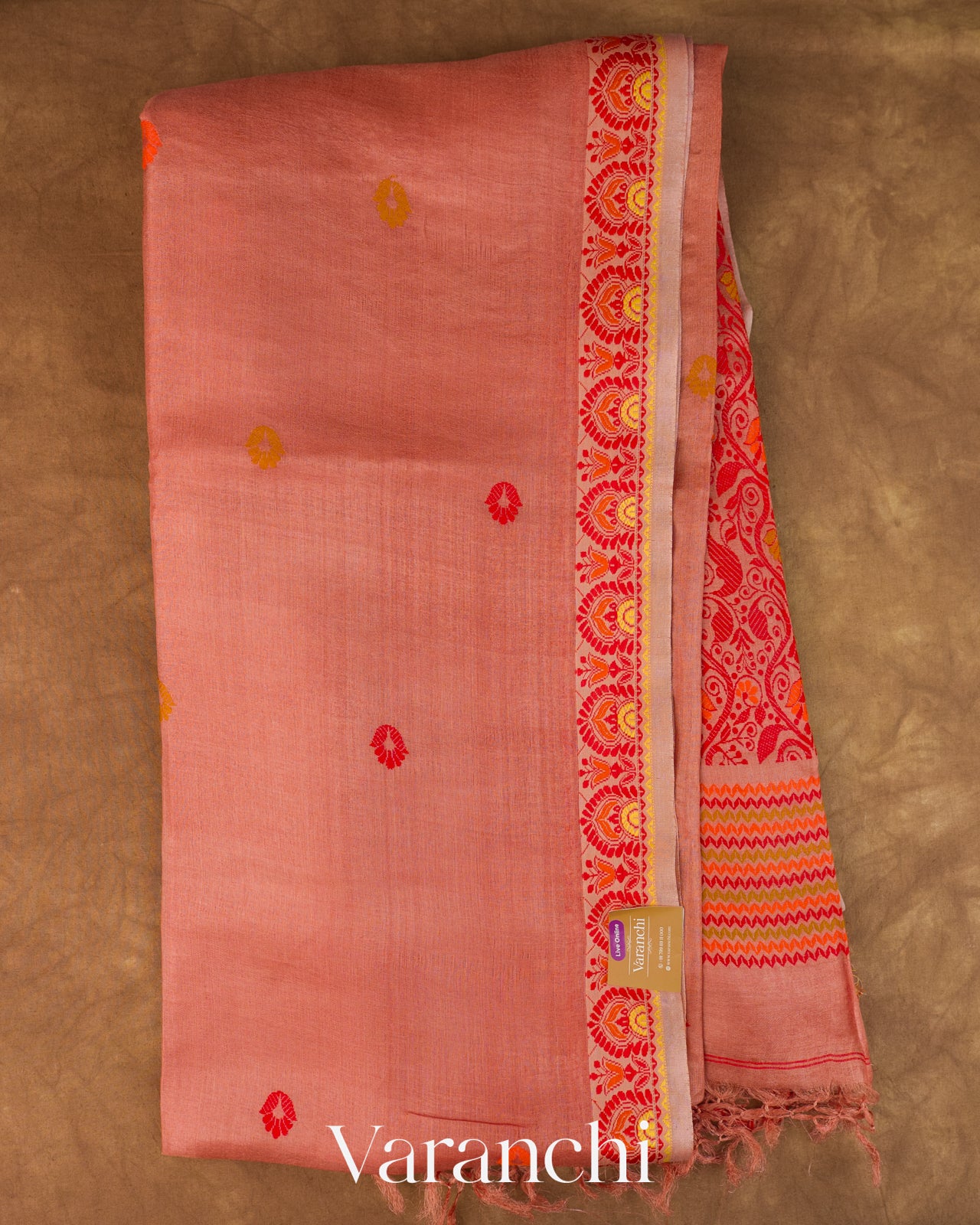 Coral Red Jamdani Pure Tussar Silk Handloom Saree