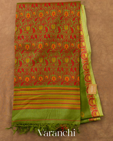 Mehandi Green Jamdani Pure Tussar Silk Handloom Saree