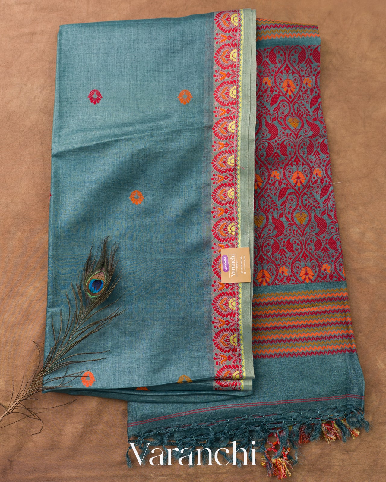 Powder Blue Jamdani Pure Tussar Silk Handloom Saree