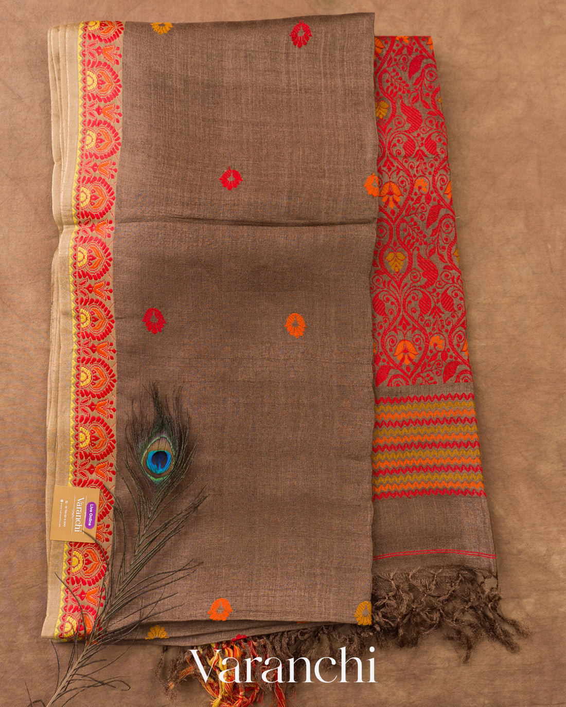 Earthy Brown Jamdani Pure Tussar Silk Handloom Saree