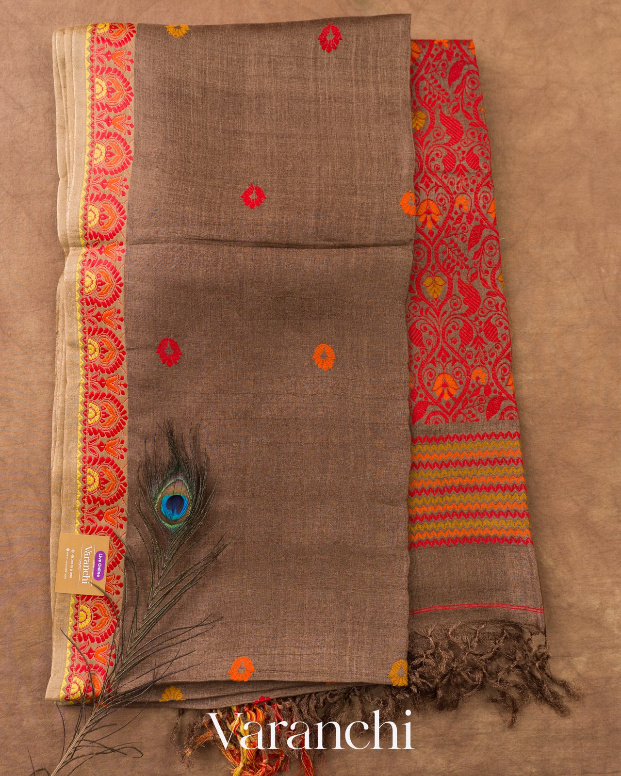 Earthy Brown Jamdani Pure Tussar Silk Handloom Saree