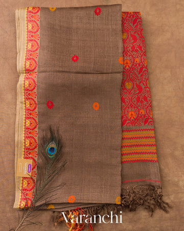 Earthy Brown Jamdani Pure Tussar Silk Handloom Saree