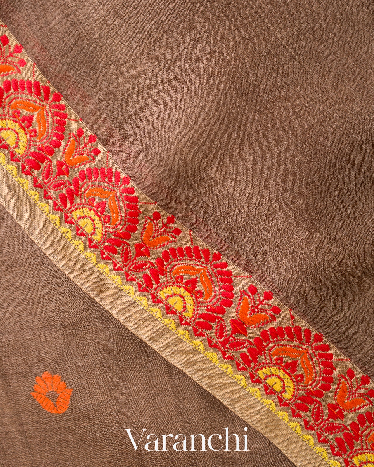 Earthy Brown Jamdani Pure Tussar Silk Handloom Saree