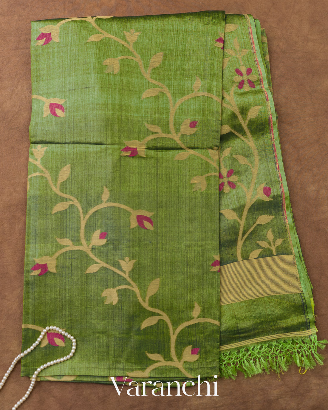 Olive Green Floral Jamdani Pure Tussar Silk Handloom Saree