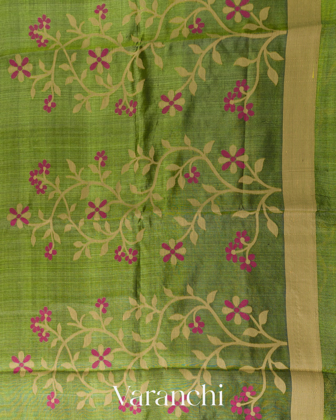 Olive Green Floral Jamdani Pure Tussar Silk Handloom Saree