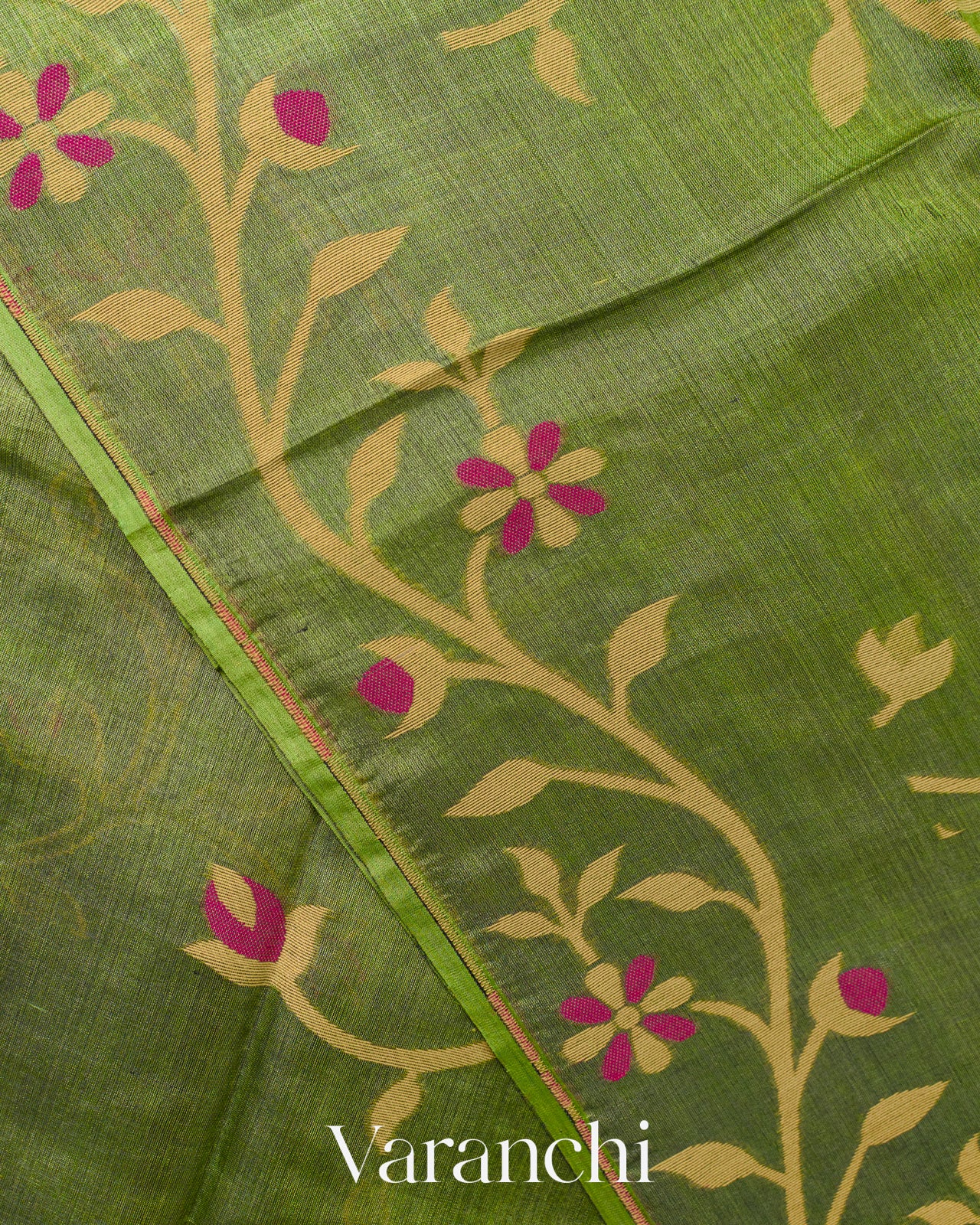 Olive Green Floral Jamdani Pure Tussar Silk Handloom Saree