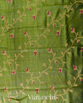 Olive Green Floral Jamdani Pure Tussar Silk Handloom Saree