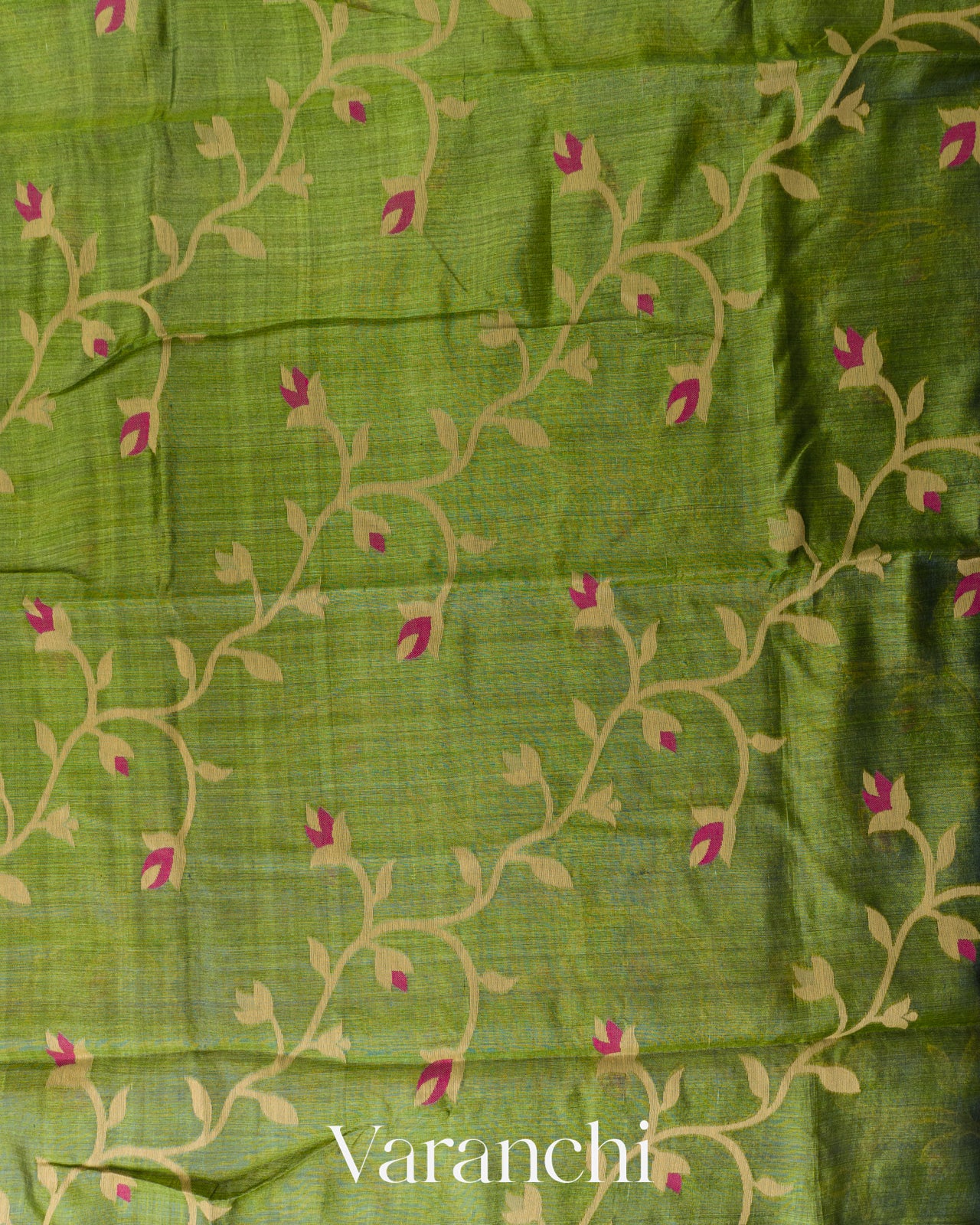Olive Green Floral Jamdani Pure Tussar Silk Handloom Saree