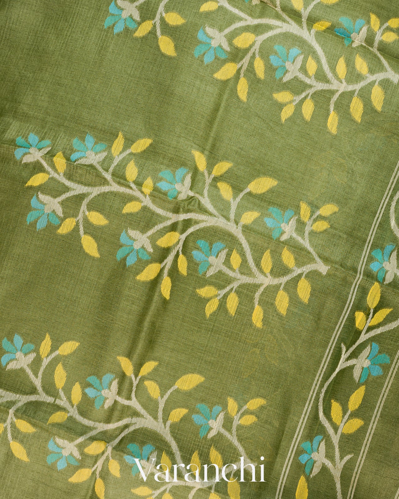 Leafy Green Floral Jamdani Pure Tussar Silk Handloom Saree