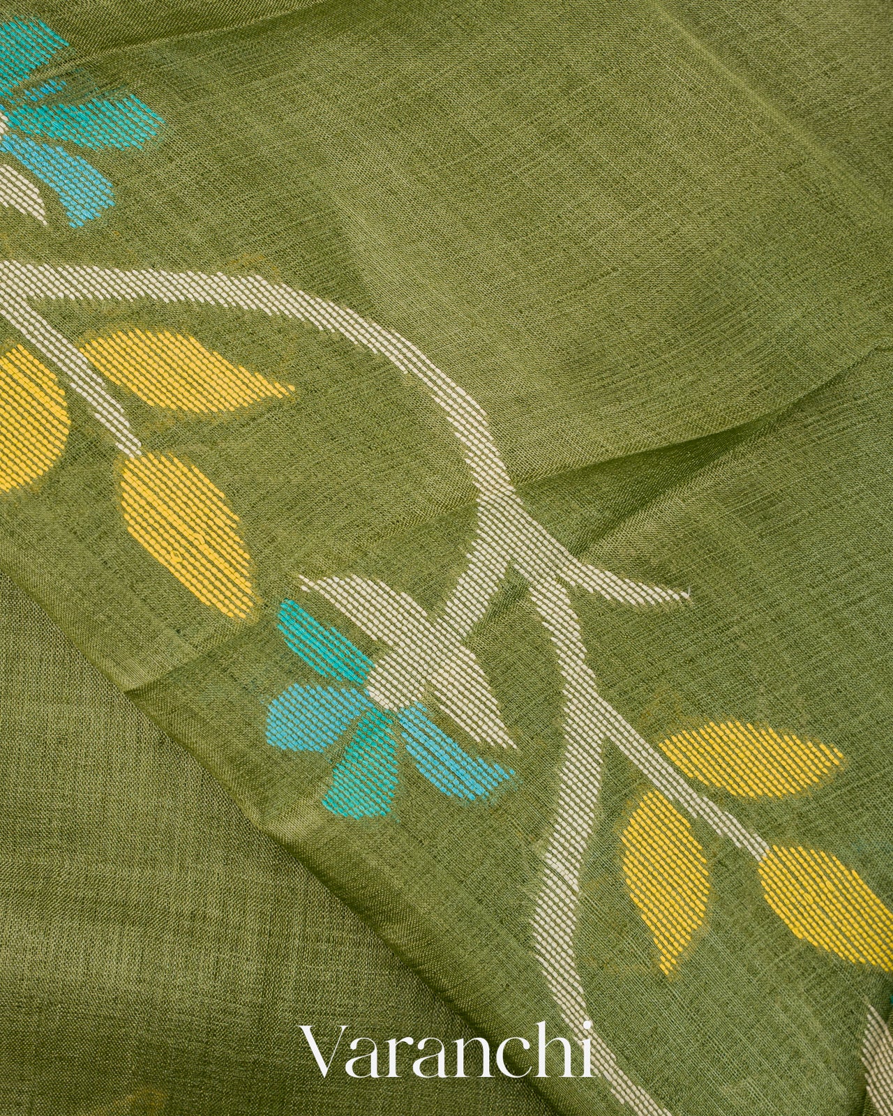 Leafy Green Floral Jamdani Pure Tussar Silk Handloom Saree