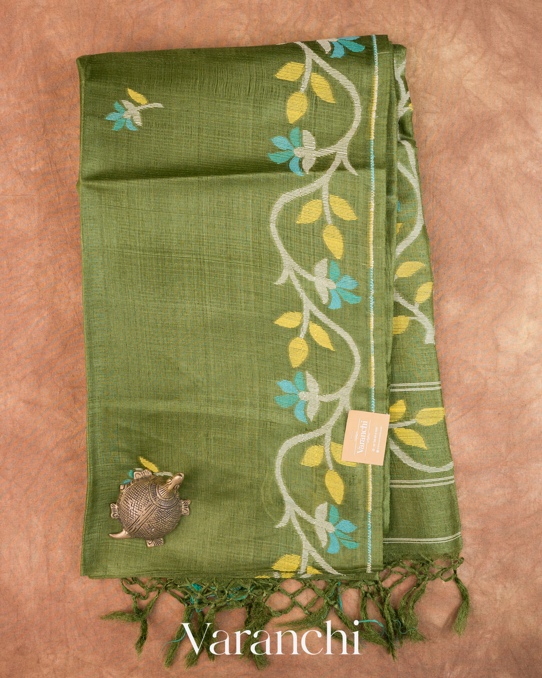 Leafy Green Floral Jamdani Pure Tussar Silk Handloom Saree